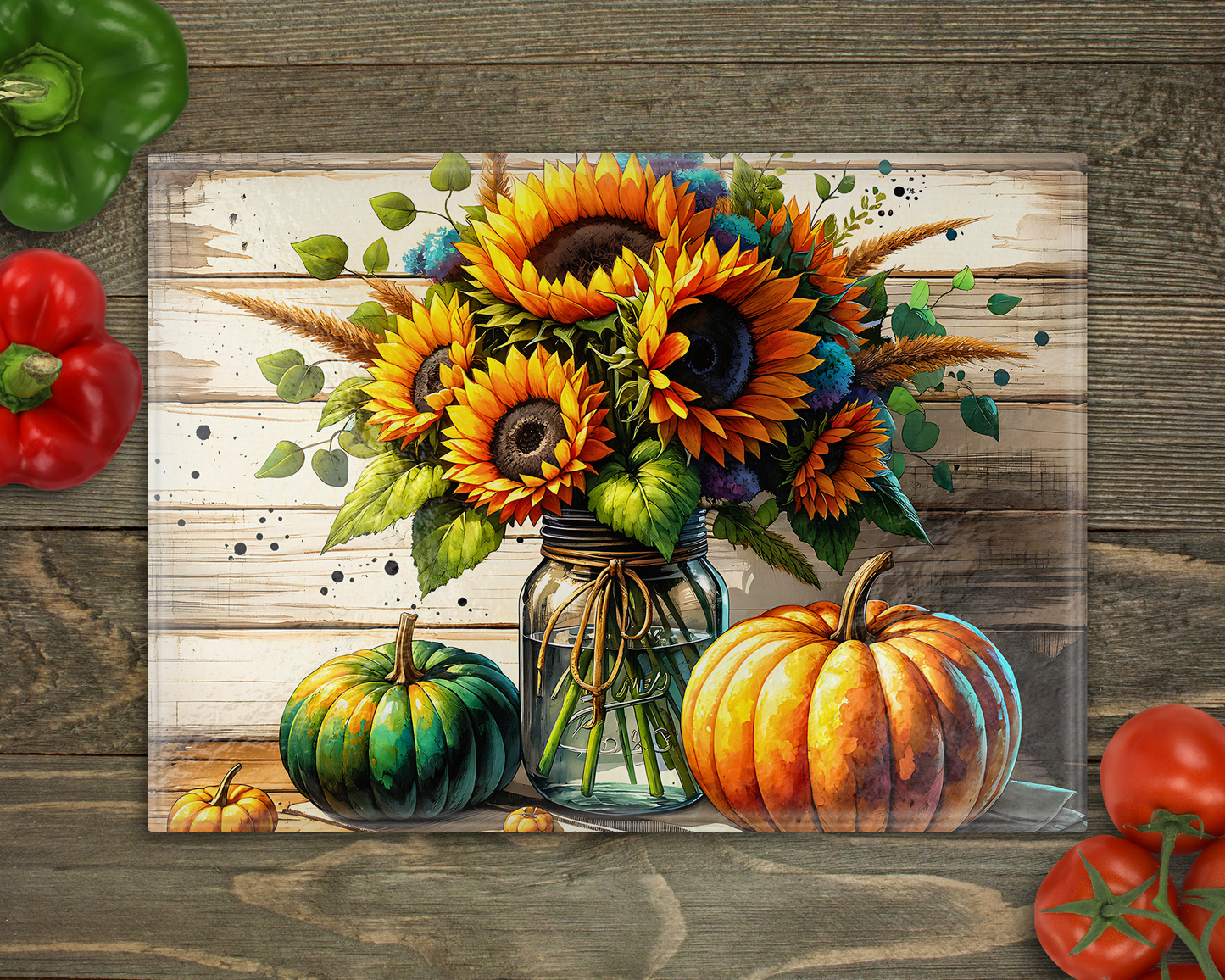 Sunflowers Pumpkins Glass Cutting Board