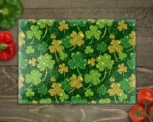 Glitter Clovers and Shamrocks Glass Cutting Board