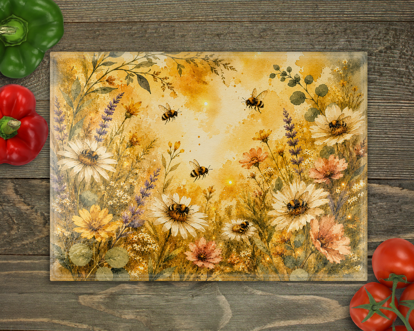 Watercolor Floral Bees Glass Cutting Board