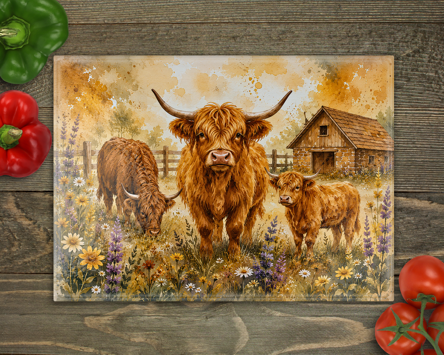 Watercolor Highland Cows Glass Cutting Board