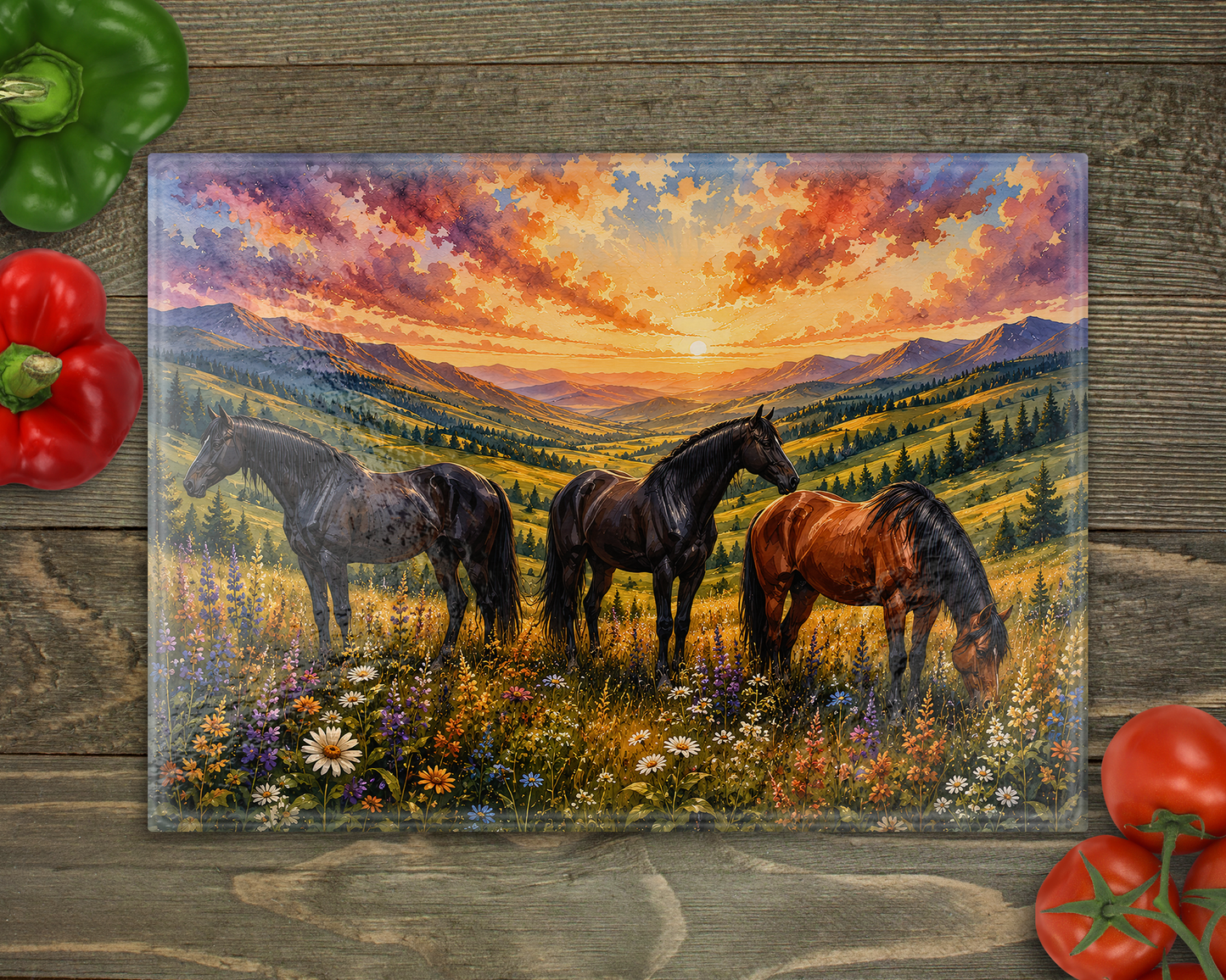 Watercolor Horses Glass Cutting Board