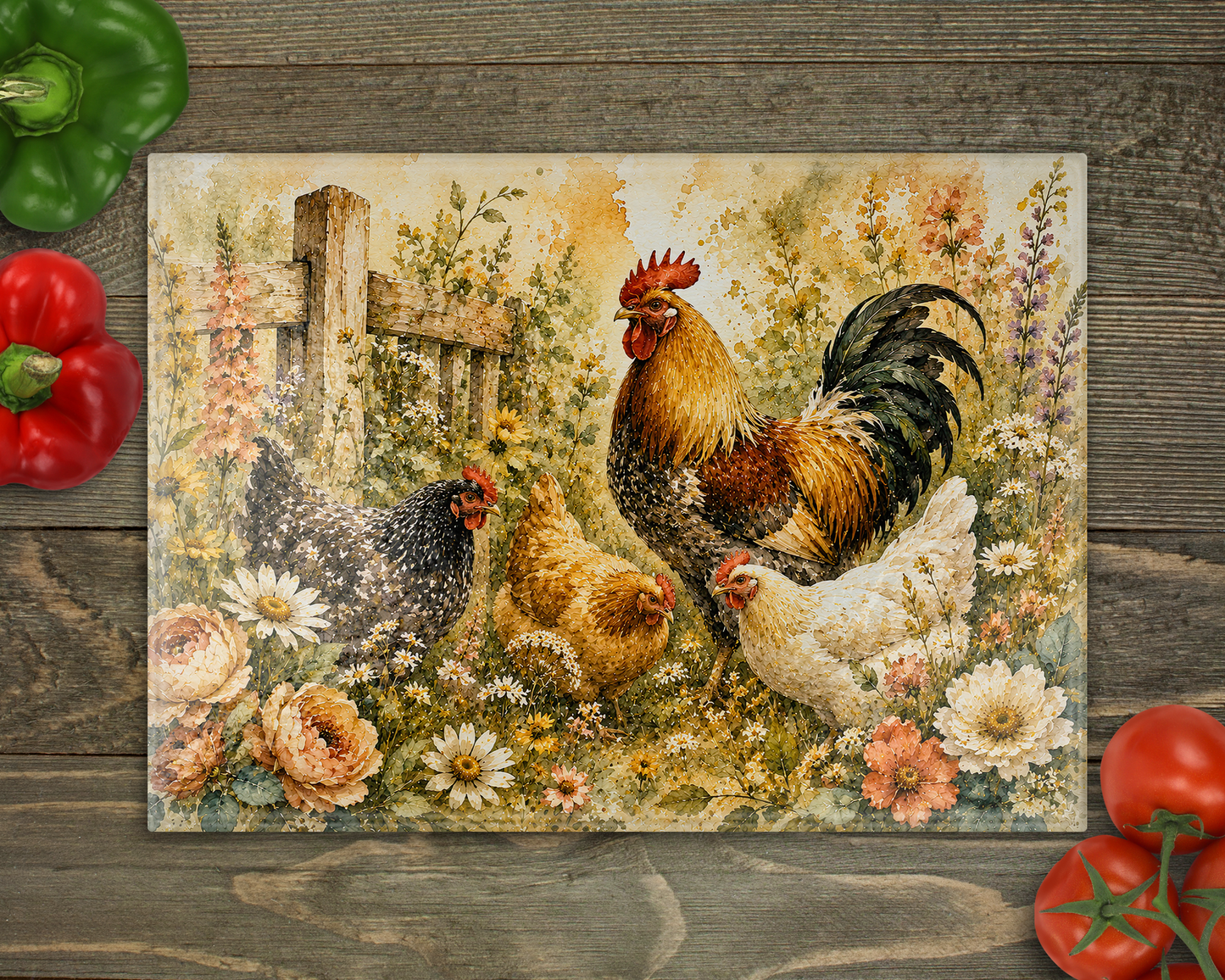 Watercolor Rooster & Hens Glass Cutting Board