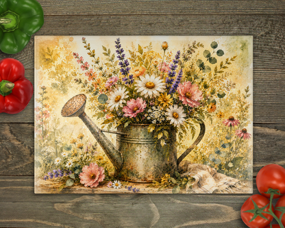 Watercolor Watering Can Glass Cutting Board