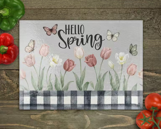 Hello Spring Glass Cutting Board