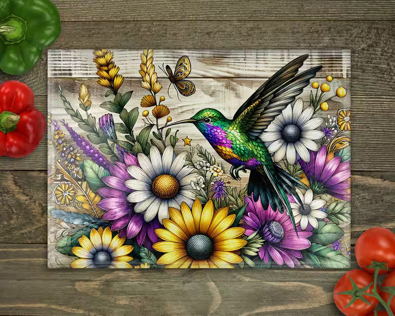 Hummingbird Floral Glass Cutting Board
